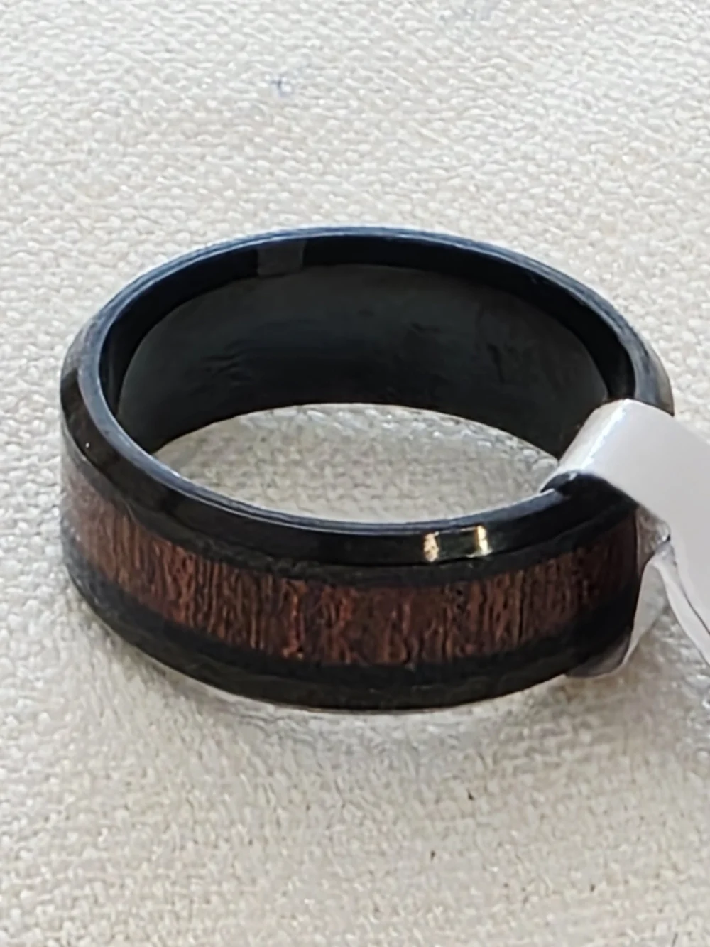 Men's Black Wood Inlay Band Ring Rustic Modern Men’s Size 8.5 Or 9.5